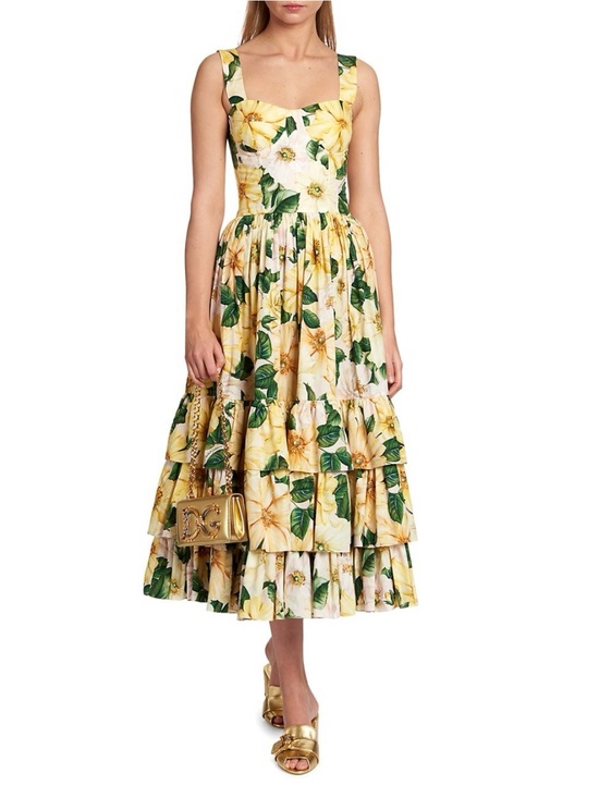 Dolce & Gabbana Dresses & Skirts - Dolce & Gabbana Yellow Floral Tiered Midi Dress with Green Leaves, Italy Size 44